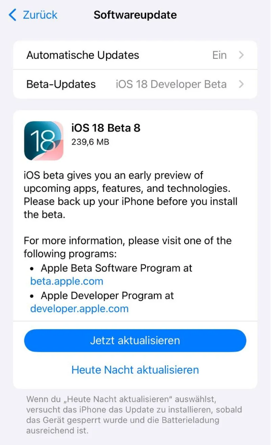 孟州苹果手机维修分享苹果 iOS / iPadOS 18 开发者预览版 Beta 8 发布 